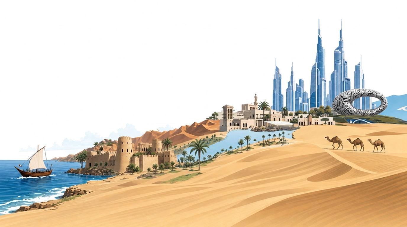 An illustrated journey across the UAE from coastal heritage to future cities, with three camels crossing the desert