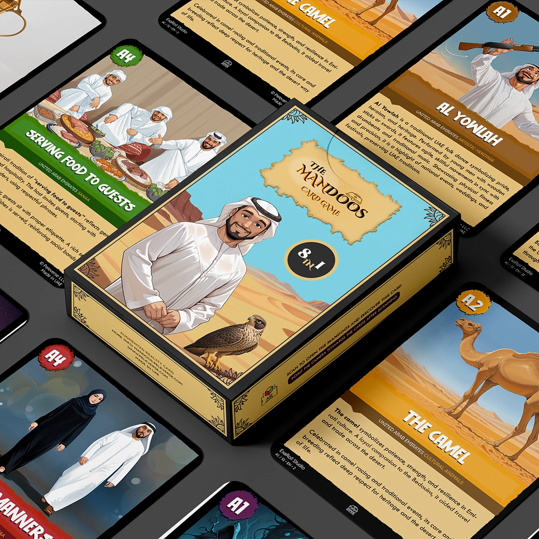 Al Mandoos card game box surrounded by illustrated cards about Emirati heritage