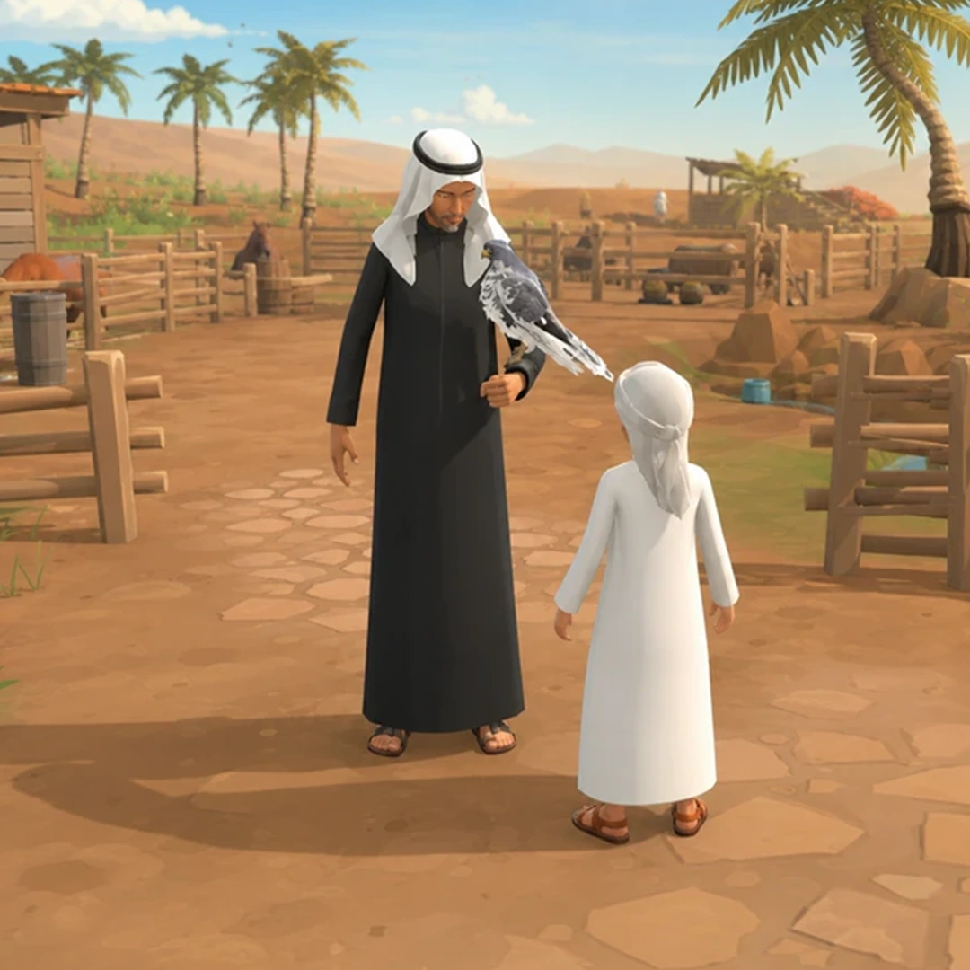 Rehla 71 gameplay showing a young Emirati player meeting a falconer in the desert world