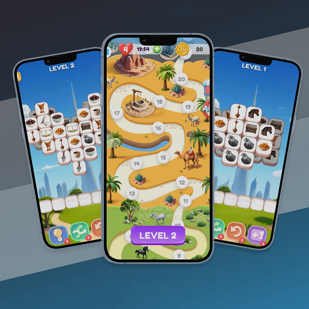 Shara 71 mobile game screens featuring an Emirati culture journey and matching gameplay
